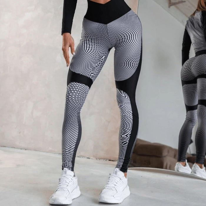 BREEHER High Waisted Line Printed Butt Lifting Fitness Leggings