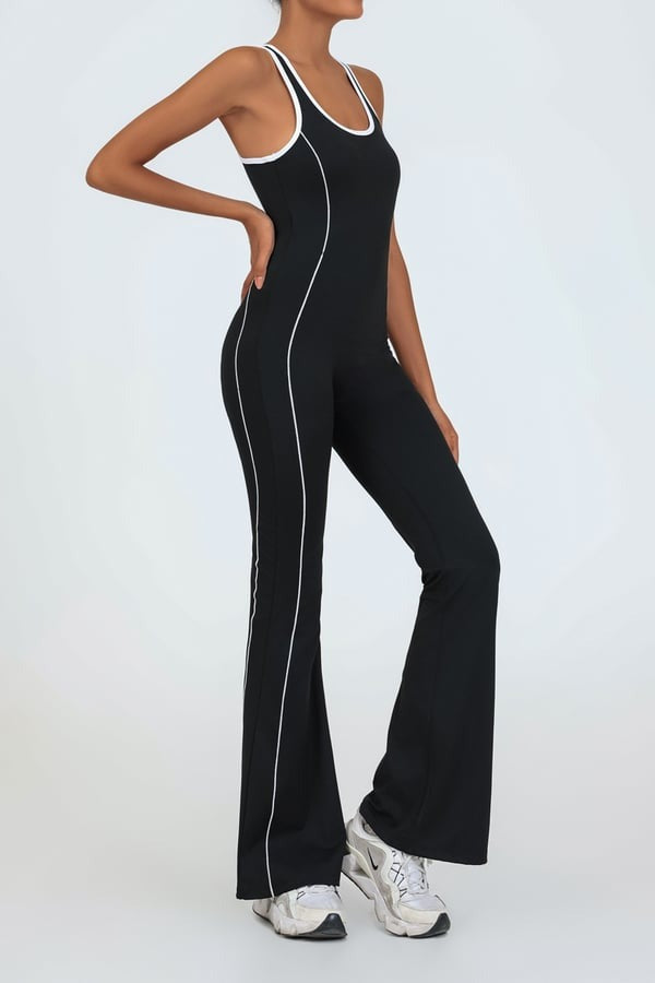 Backless Colorblock Nude Sports Fitness One-Piece Flared Jumpsuit with Chest Pad
