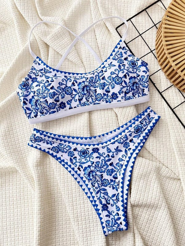 Blue Floral Printed Bikini Swimsuit
