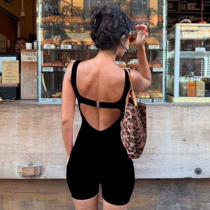 Square Neck Backless Metal Button Hollow Yoga Jumpsuit Romper