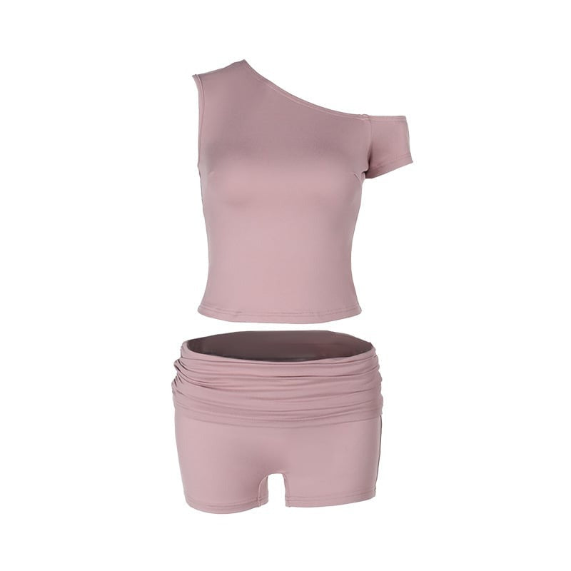 Sexy Off-shoulder Cropped Top & Gathered Shorts Yoga Set
