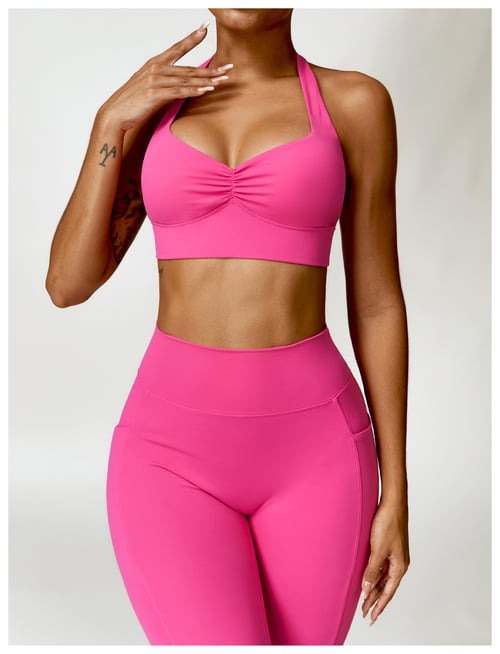 BREEHER Shirring Halter Neck Backless Quick Drying Sports Bras