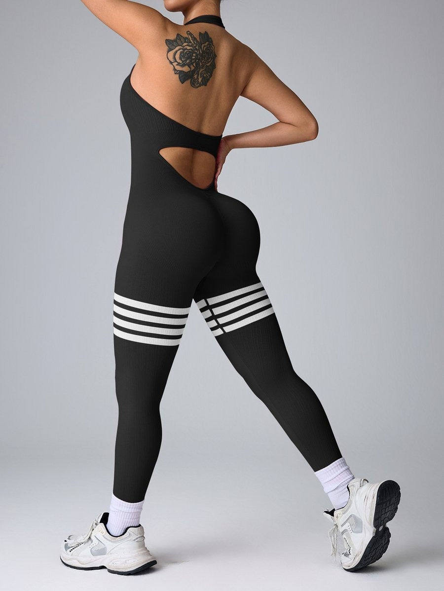 Halter Striped Seamless Backless Hip Lifting Yoga Jumpsuit