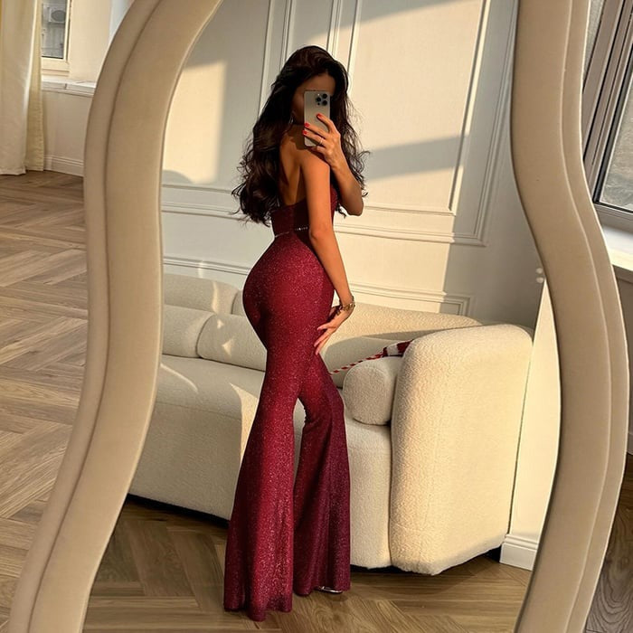 Sexy Backless Halter Neck Sparkling Flared Jumpsuit