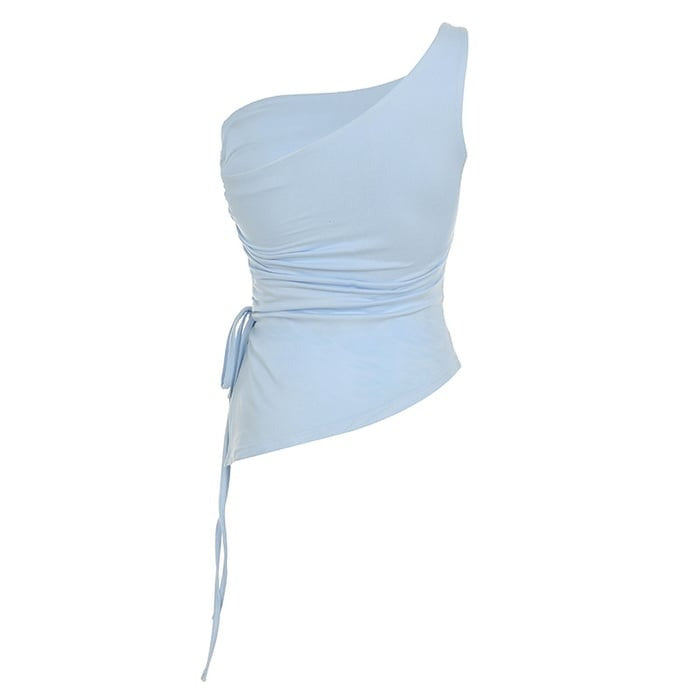Sexy Pleated Tie One Shoulder Oblique Collar Top