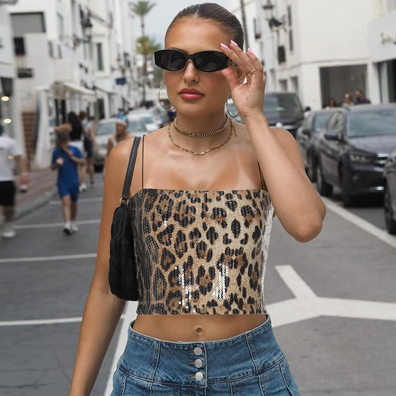 Sexy Leopard Print Sequin Suspenders Top