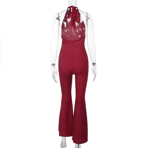 Sexy Backless Halter Neck Sparkling Flared Jumpsuit
