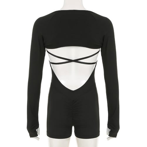 Solid Color Suspender Backless Jumpsuit & Long Sleeve Cover Up Yoga Set