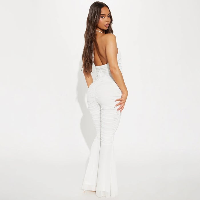 Halter Backless Deep V Ruffled Lace-up Flared Jumpsuit