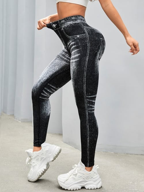 Peach Faux Denim Deep V Back Seamless Yoga Scrunch Bum Leggings
