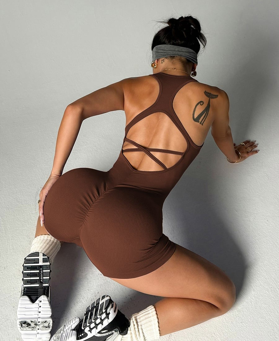 Cross Back Ribbed Short Romper