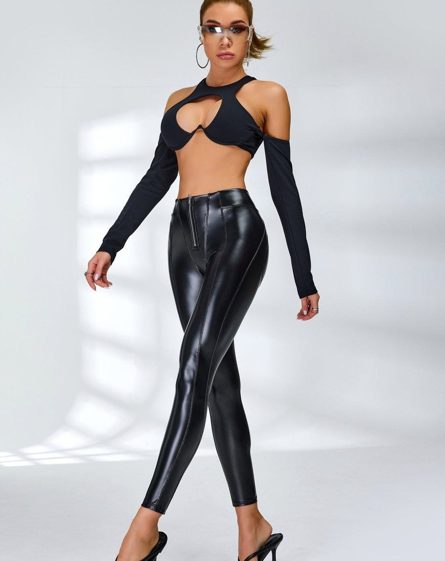BREEHER Female Sexy Splice Pu Yoga Leggings
