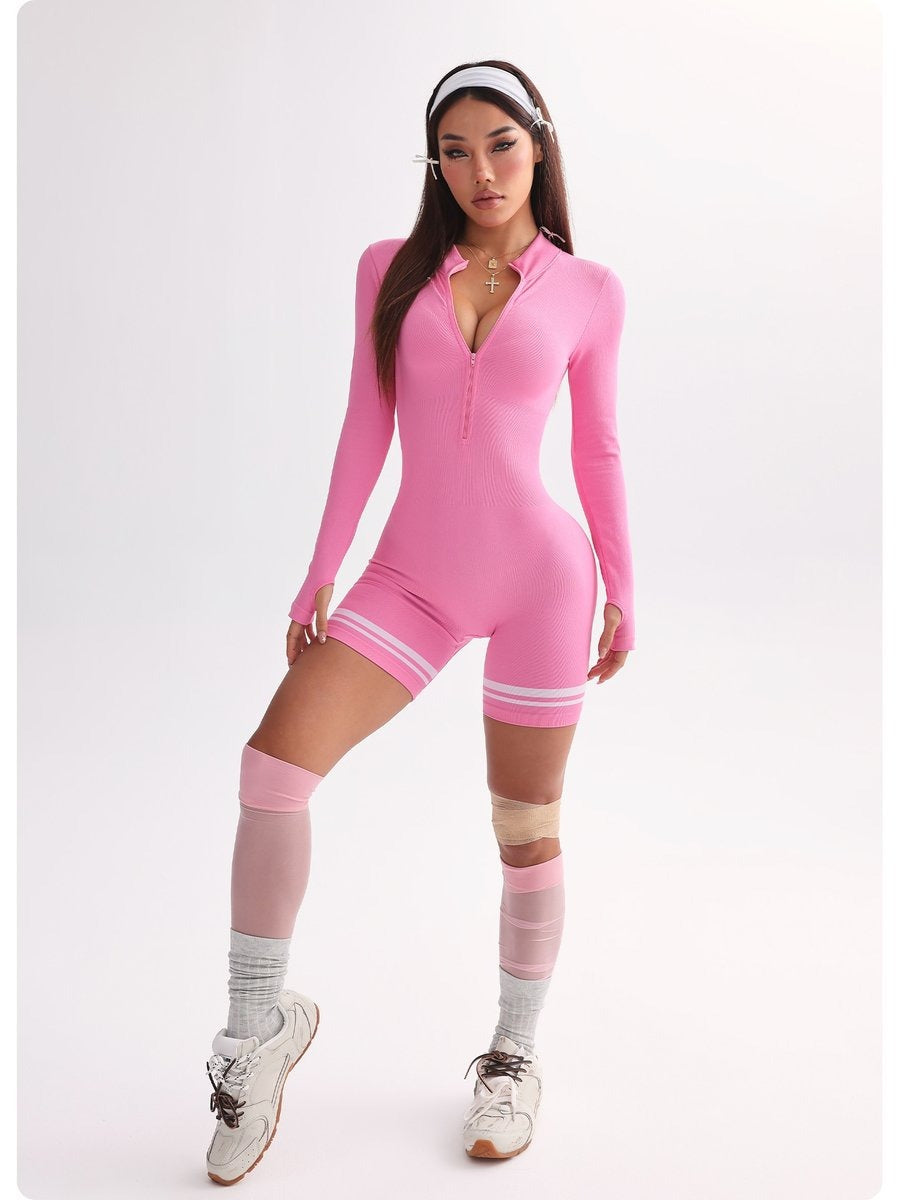 Female Zipper Stripes Short Romper