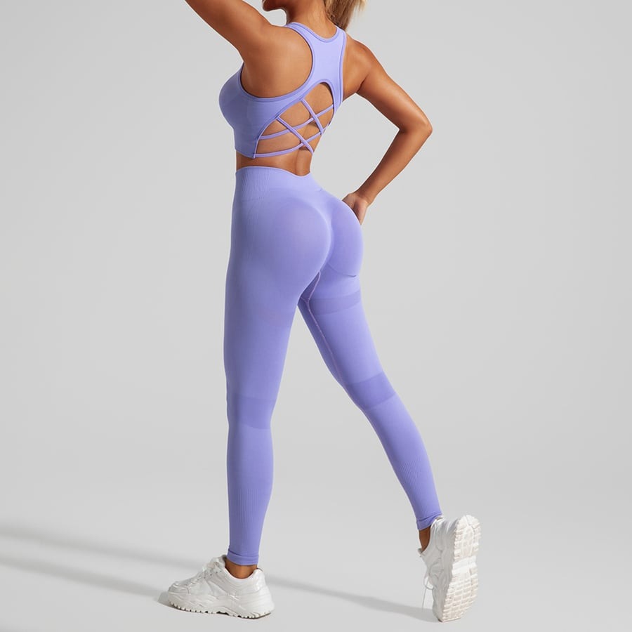 BREEHER Solid Color Hollow Seamless Peach Hip Lifting Fitness Yoga Bra&Legging Sets
