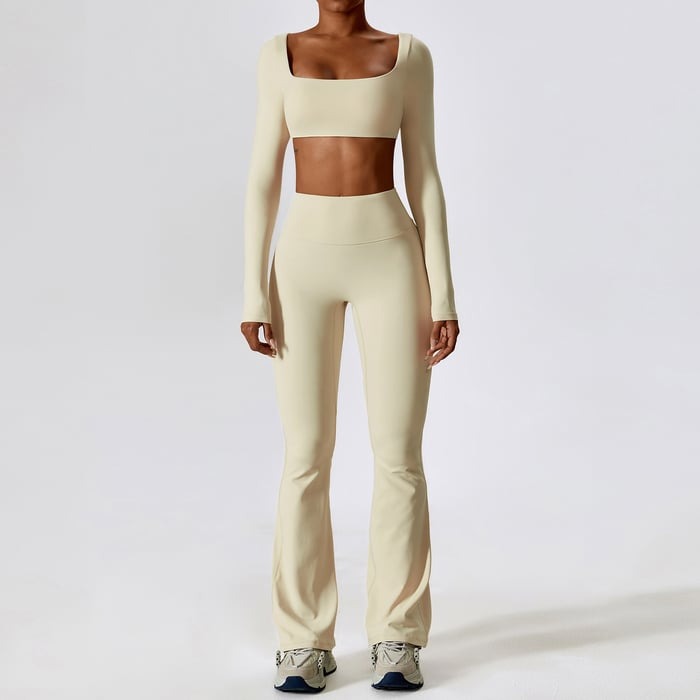 BREEHER Crop Top Long Sleeves Hip Lifting Two Piece Set Sports Suits