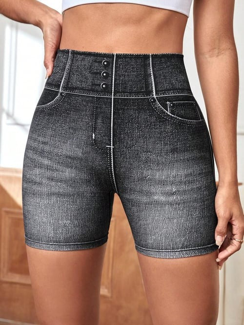 Faux Denim High Waist Skinny Hip-lifting Yoga Shorts