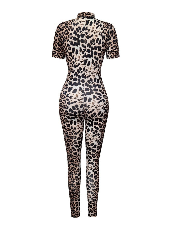 Sexy Leopard Printed Zipper Tight Jumpsuit