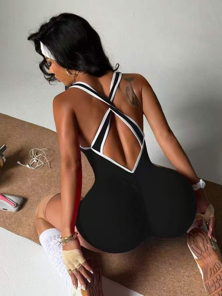 Cross Back Stripes Short Romper