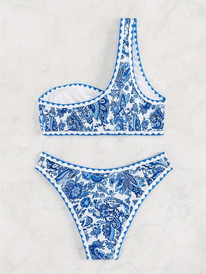 Blue Print One Shoulder Bikini Swimsuit