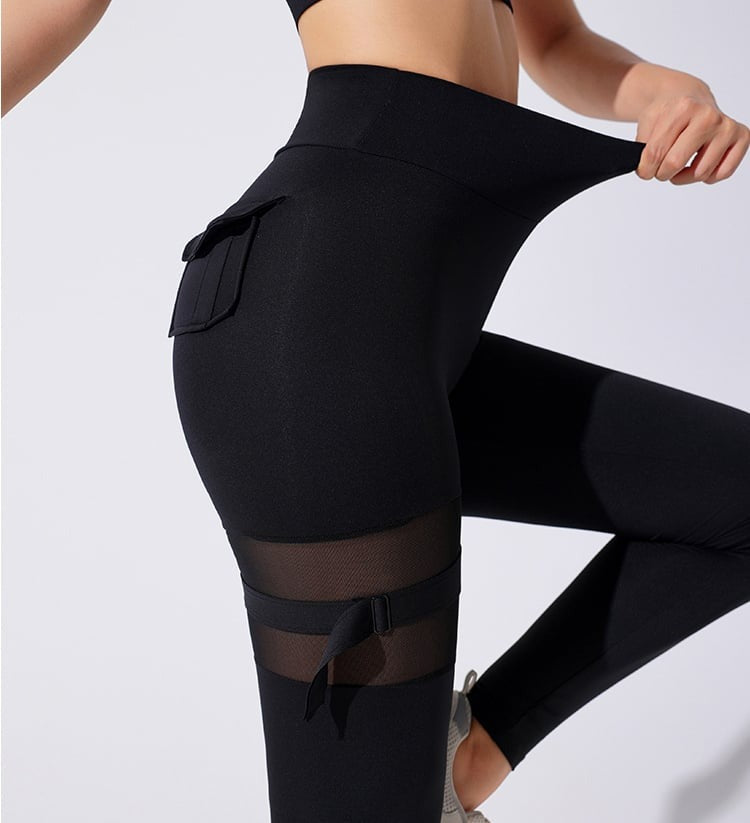 Mesh Functional Button High Waist Sexy Peach Hip Lifting Yoga Leggings