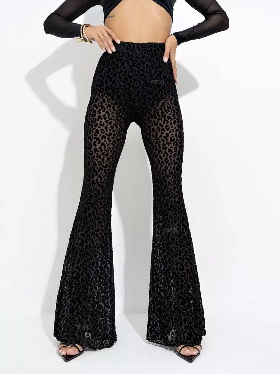 Sexy Mesh Flocking High Waist Flared Leggings