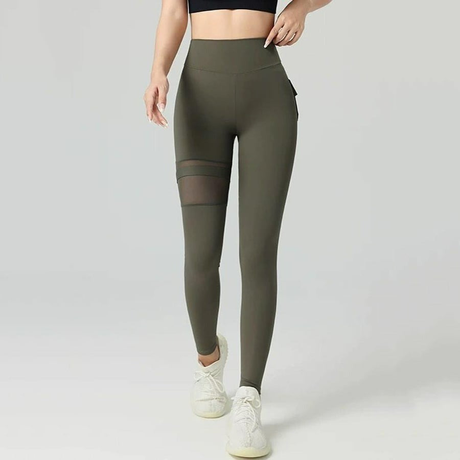 Mesh Functional Button High Waist Sexy Peach Hip Lifting Yoga Leggings