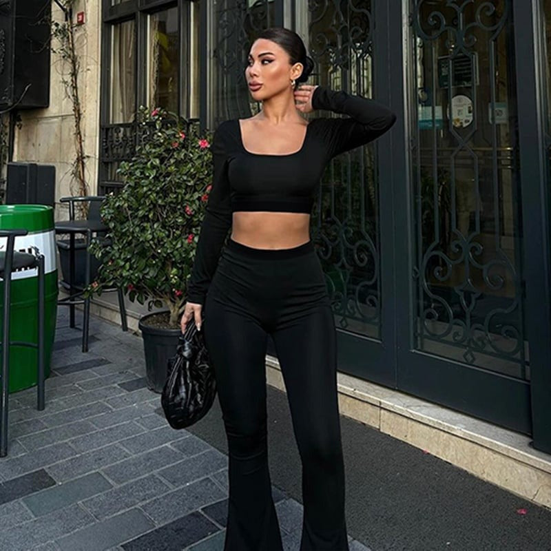 Leopard Print Square Neck Long-sleeved Crop Top & Flared Leggings Two-pieces Suit