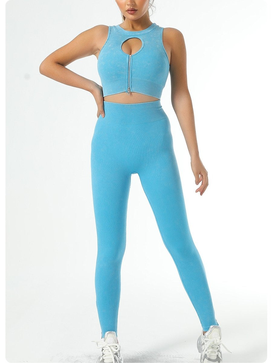 Zipper Ribbed Sports Gym Seamless Yoga Hip-Lifting Yoga Leggings