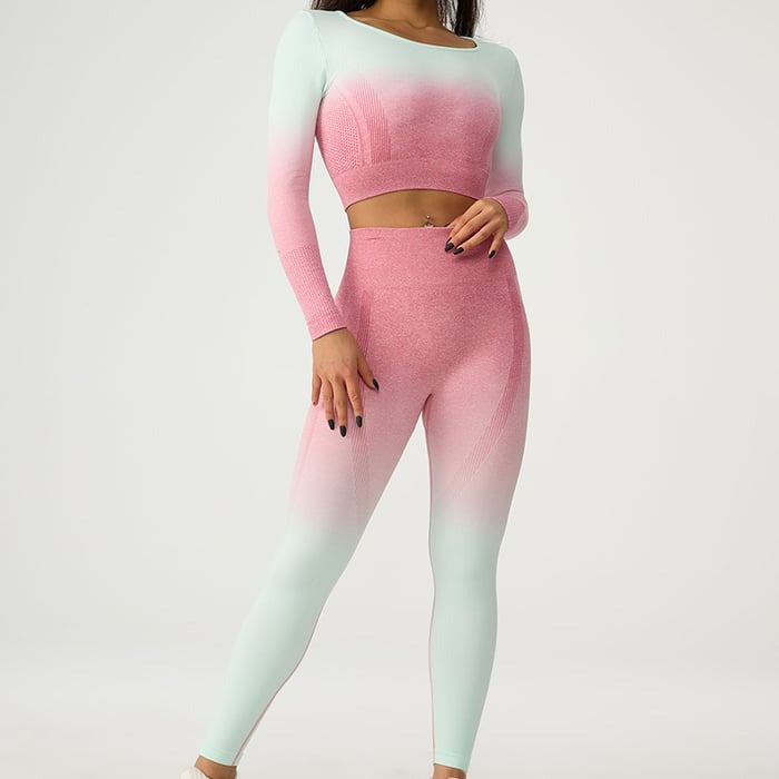 BREEHER Gradient Long Sleeves Hip Lifting Legging Two Piece Set Sports Suits