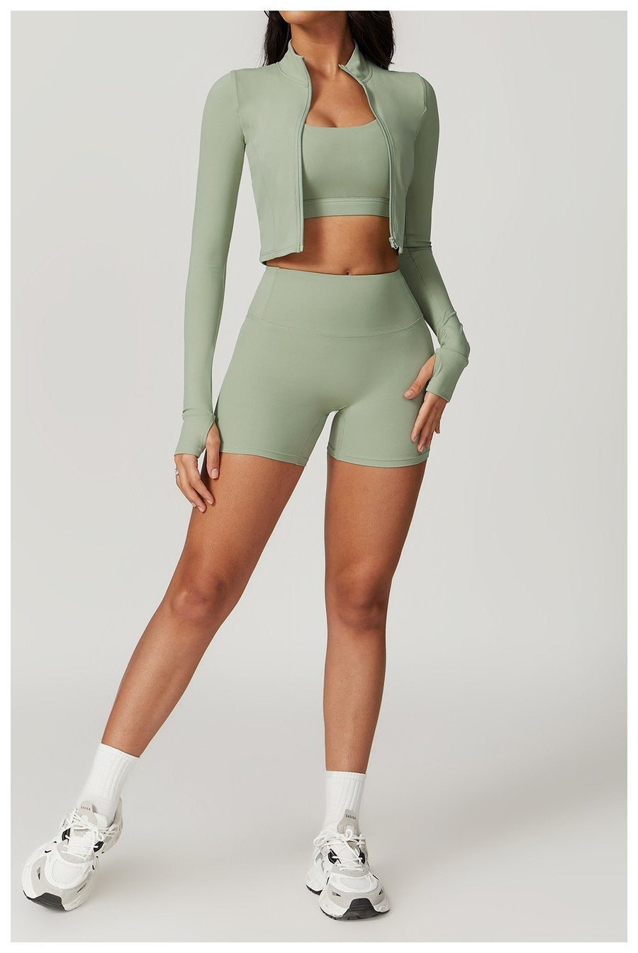 BREEHER Zipper Long Sleeves Shorts Three Piece Set Sports Suits