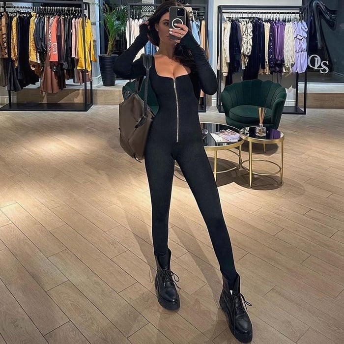 Sexy U Collar Zipper Thumbhole Hip-lift Jumpsuit