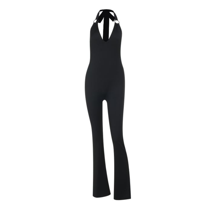 Sexy Backless V-neck Halter Neck Sleeveless Metal Ring Jumpsuit