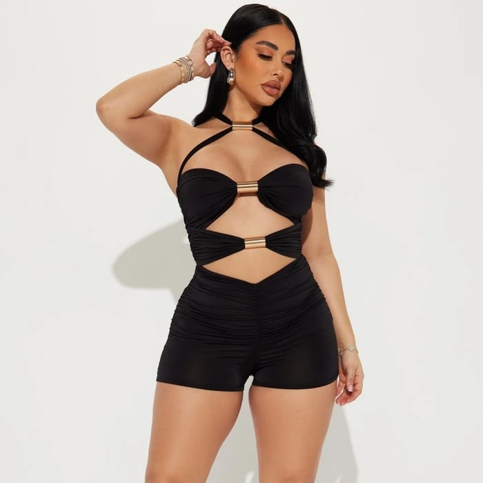 Sexy Hollow Metal Stitching Halter Neck Jumpsuit Romper