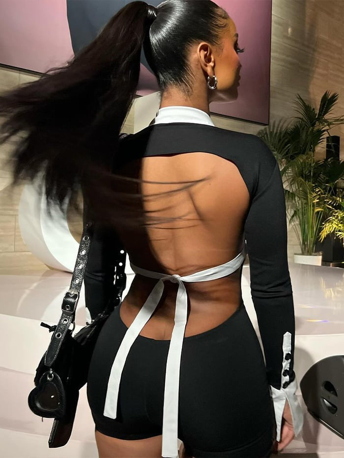 Sexy Hollow Contrast Color POLO Neck Jumpsuit