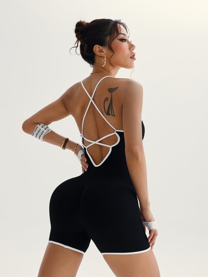 Contrast Color Suspenders Backless Hip Lift Yoga Jumpsuit