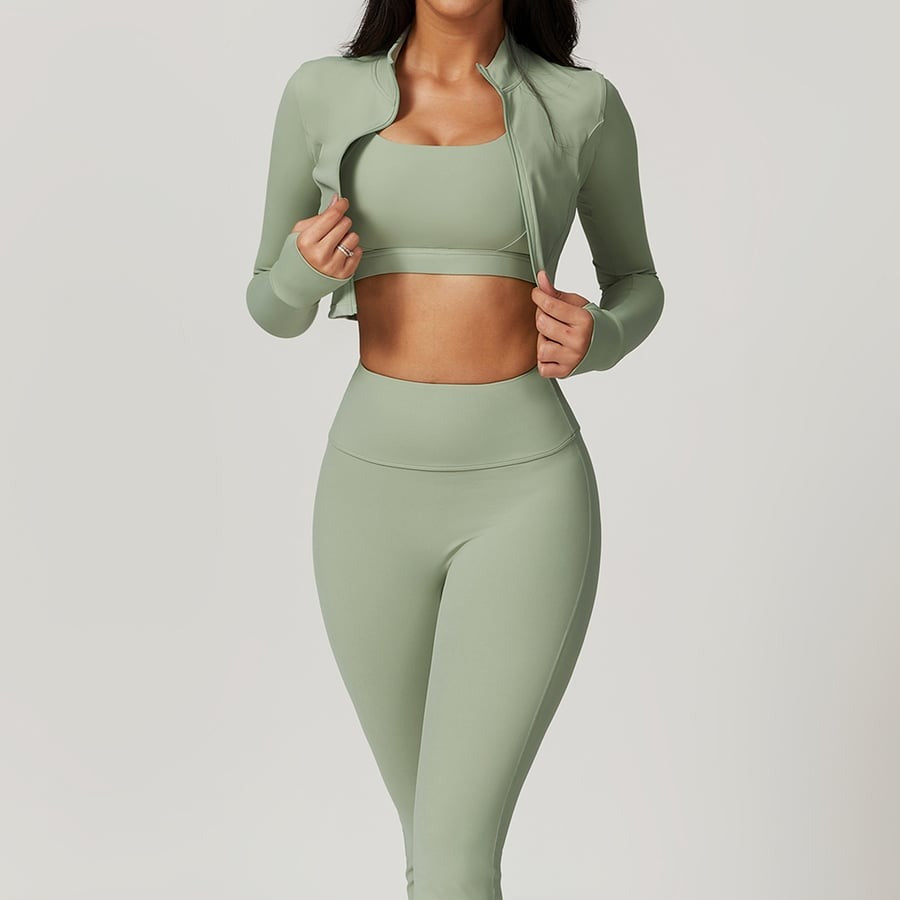 BREEHER Zipper Long Sleeves Leggings Three Piece Set Sports Suits