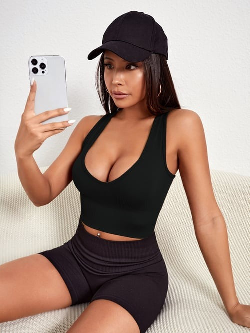 Sexy Ribbed Deep V Neck Yoga Vest Tops