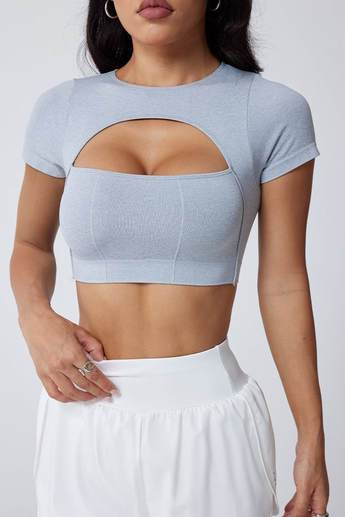 Sexy Hollow Gathered Short Sleeve Yoga Top