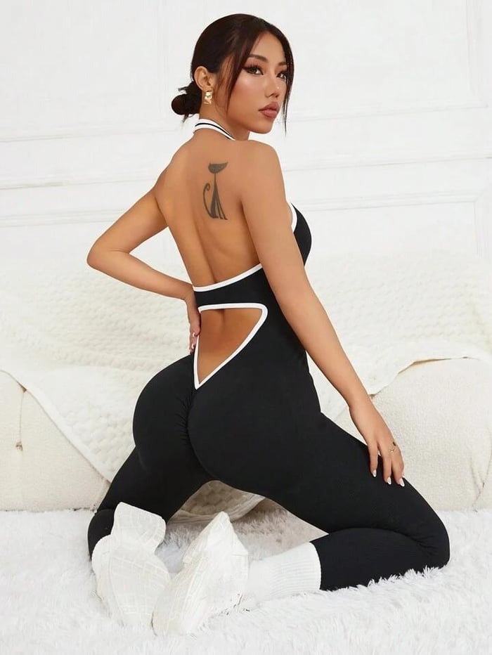 Contrast Color Seamless V Waist Backless Halter Peach Hip Fitness Yoga Jumpsuit