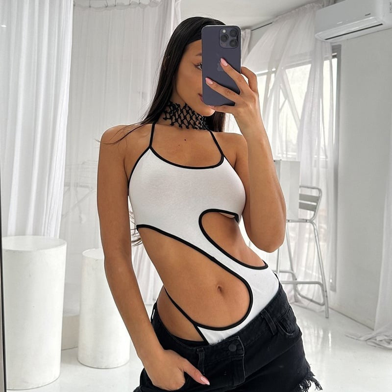 Contrast Panel Lace-Up Halter Bodysuit