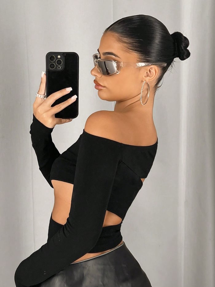 Sexy Irregular Slant Neck Off-shoulder Long-sleeved Top
