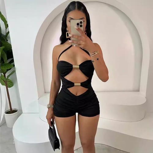 Sexy Hollow Metal Stitching Halter Neck Jumpsuit Romper