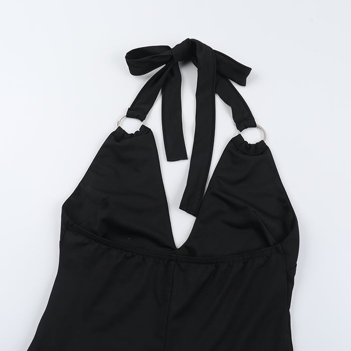 Sexy Backless V-neck Halter Neck Sleeveless Metal Ring Jumpsuit
