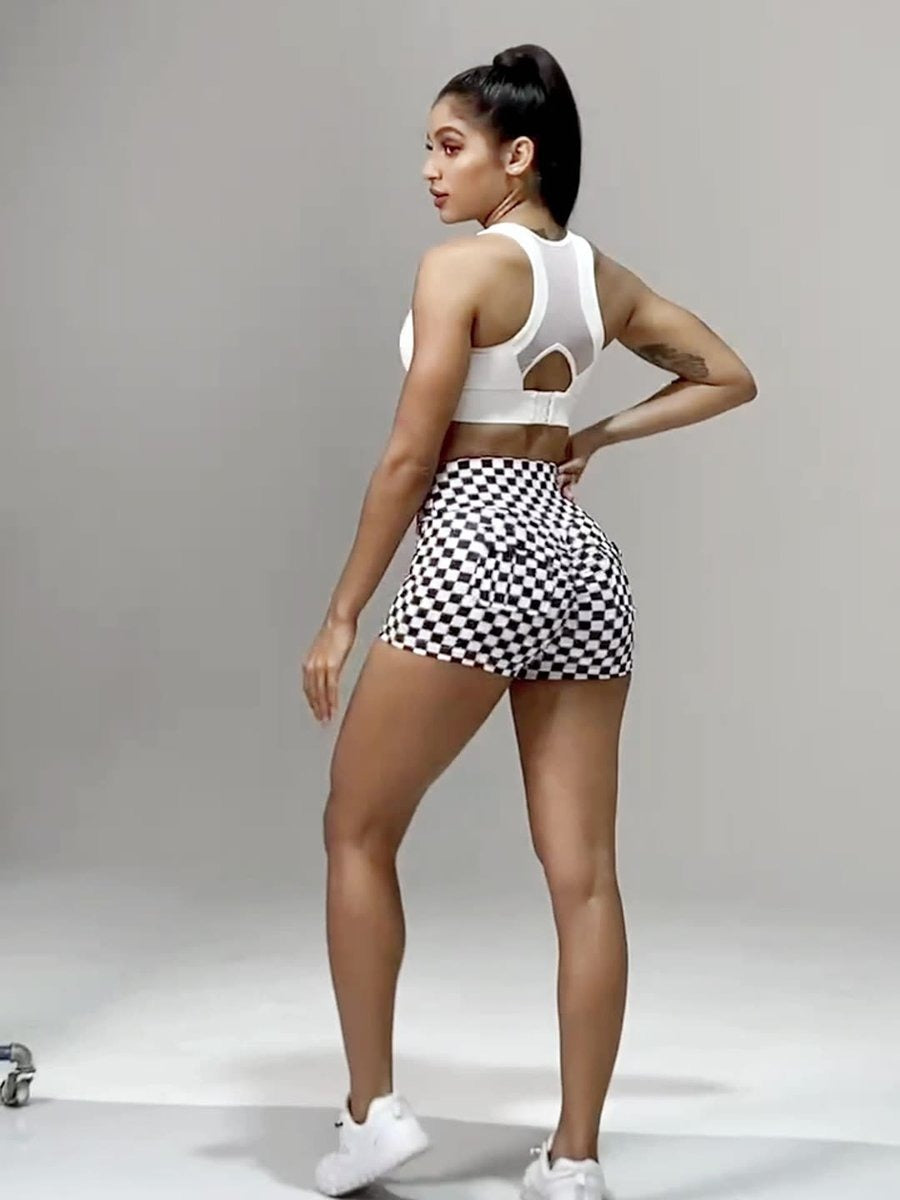 Checkerboard Print Peach Hip Pocket Yoga Shorts