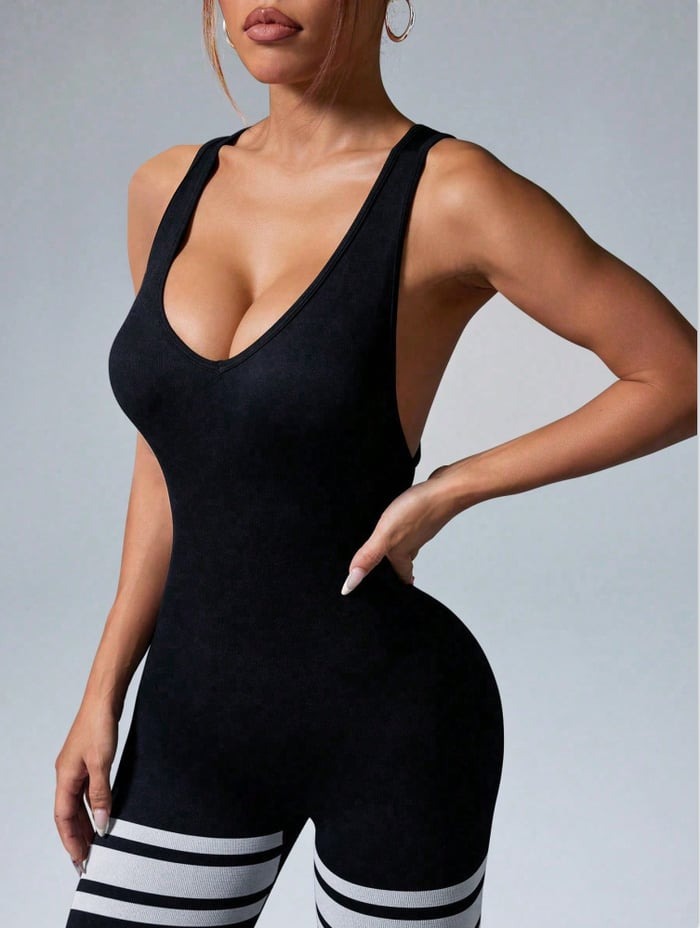 Hollow Stripe Yoga Cross Strap Fitness Sports Jumpsuit