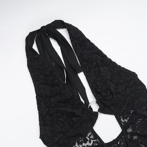 Sexy Lace Halter Neck Metal Ring Jumpsuit