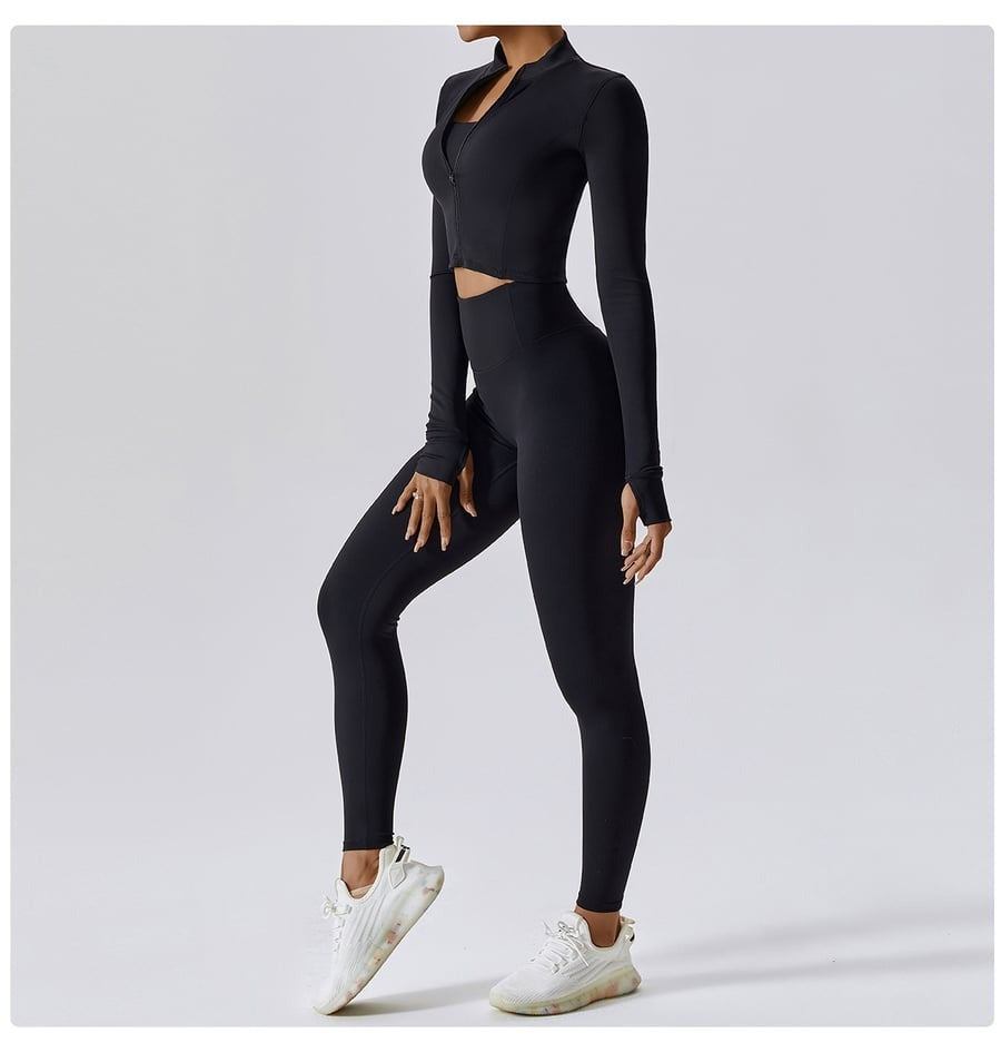 BREEHER Zipper Long Sleeves Leggings Three Piece Set Sports Suits