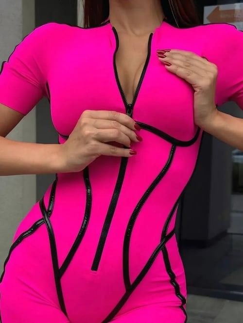 Sexy Stitching Zippered Short Sleeve Hip Lifting Yoga Jumpsuit
