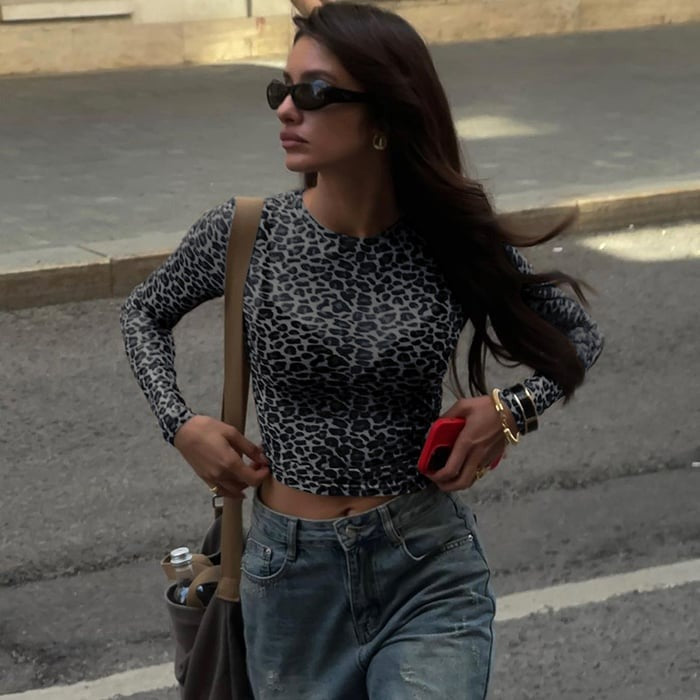 Sexy Leopard Print Mesh See-Through Long Sleeve T-Shirt Top