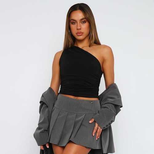 Solid Color One Shoulder Backless Smocked Tank Cropped Top